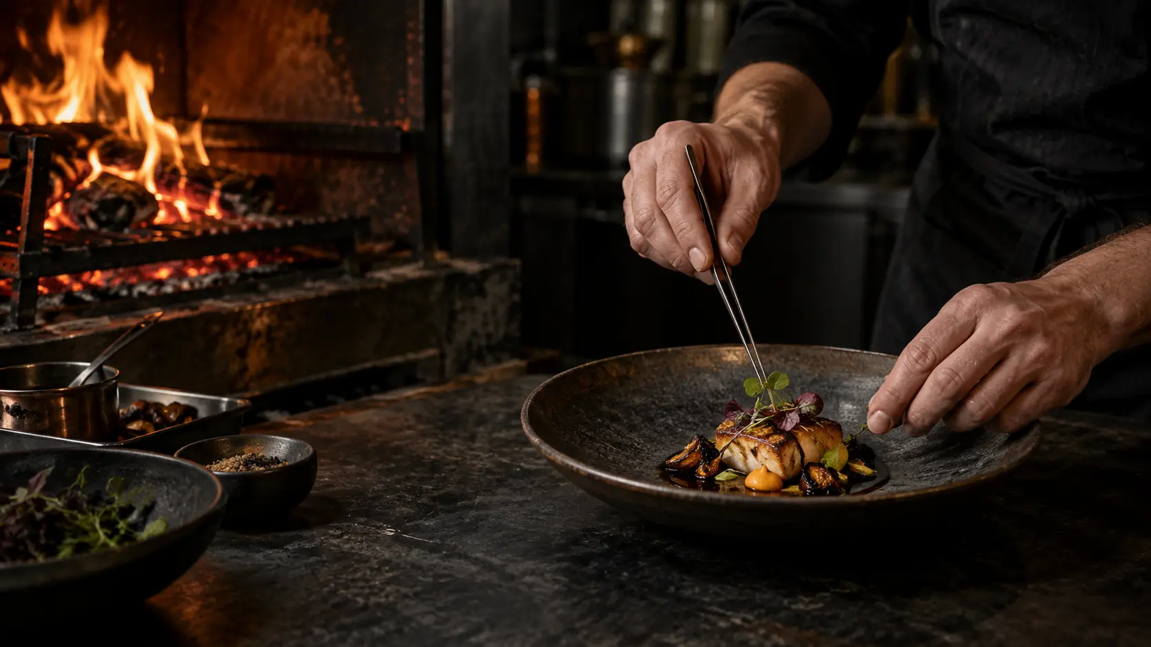 Chef's counter beside the hearth